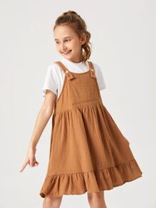 SHEIN 女孩口袋貼布荷葉邊背帶裙不帶T恤 - 棕色 - 查看 6