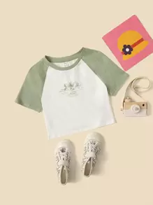 SHEIN Girls Angel Print Raglan Sleeve Colourblock Tee - White - View 1