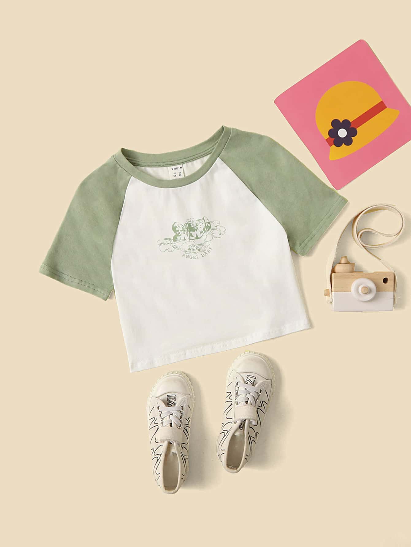 SHEIN Girls Angel Print Raglan Sleeve Colourblock Tee - White - View 1