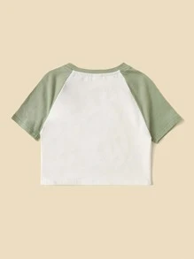 SHEIN Girls Angel Print Raglan Sleeve Colourblock Tee - White - View 2