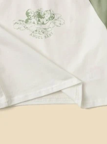 SHEIN Girls Angel Print Raglan Sleeve Colourblock Tee - White - View 3