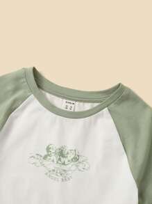 SHEIN Girls Angel Print Raglan Sleeve Colourblock Tee - White - View 4