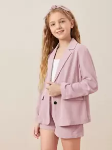 SHEIN 女孩西裝領翻蓋細節西裝外套和短褲