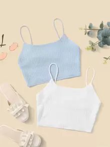 SHEIN Áo hai dây cho bé gái tuổi mới lớn - Xanh và trắng - Xem 1
