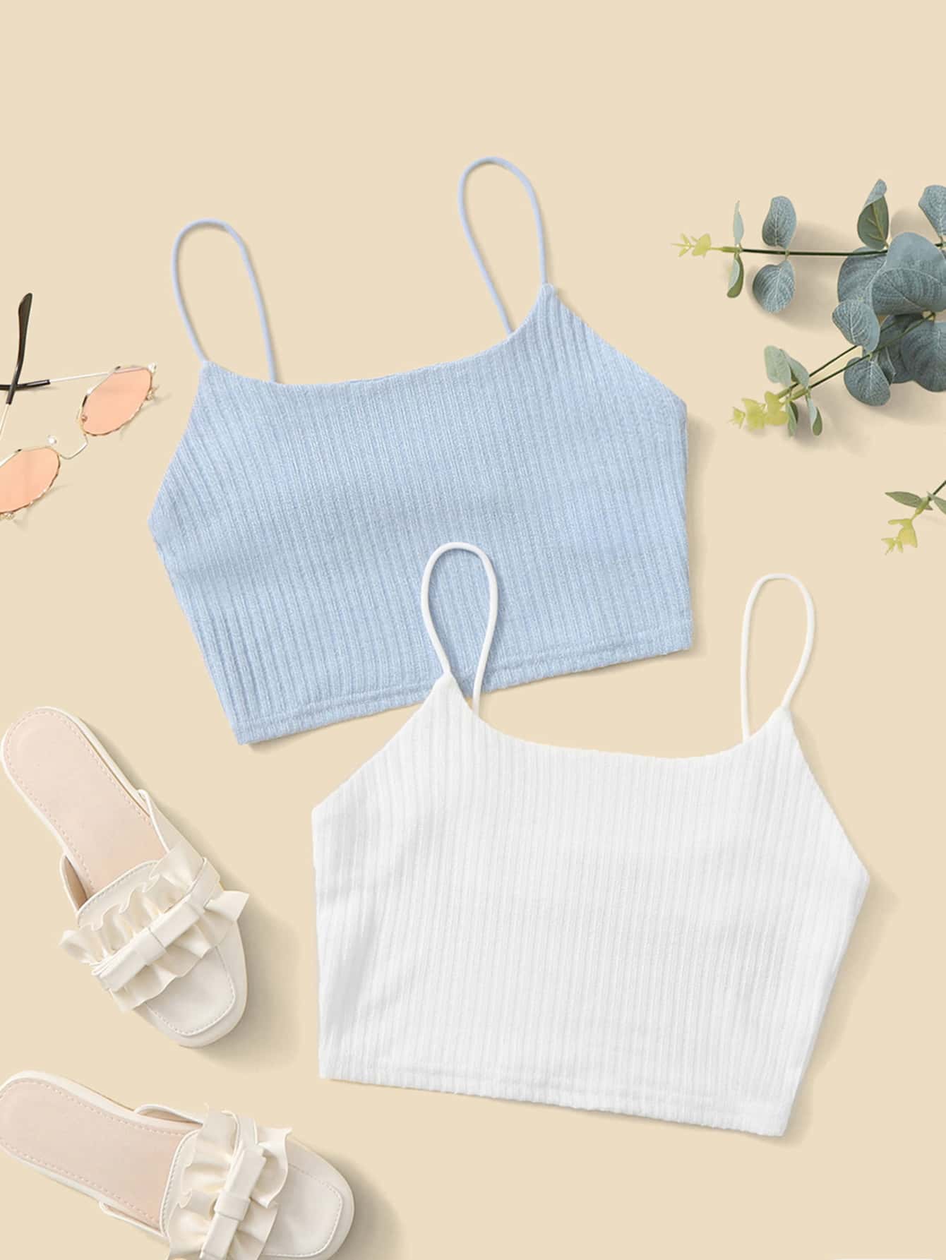SHEIN Áo hai dây cho bé gái tuổi mới lớn - Xanh và trắng - Xem 1