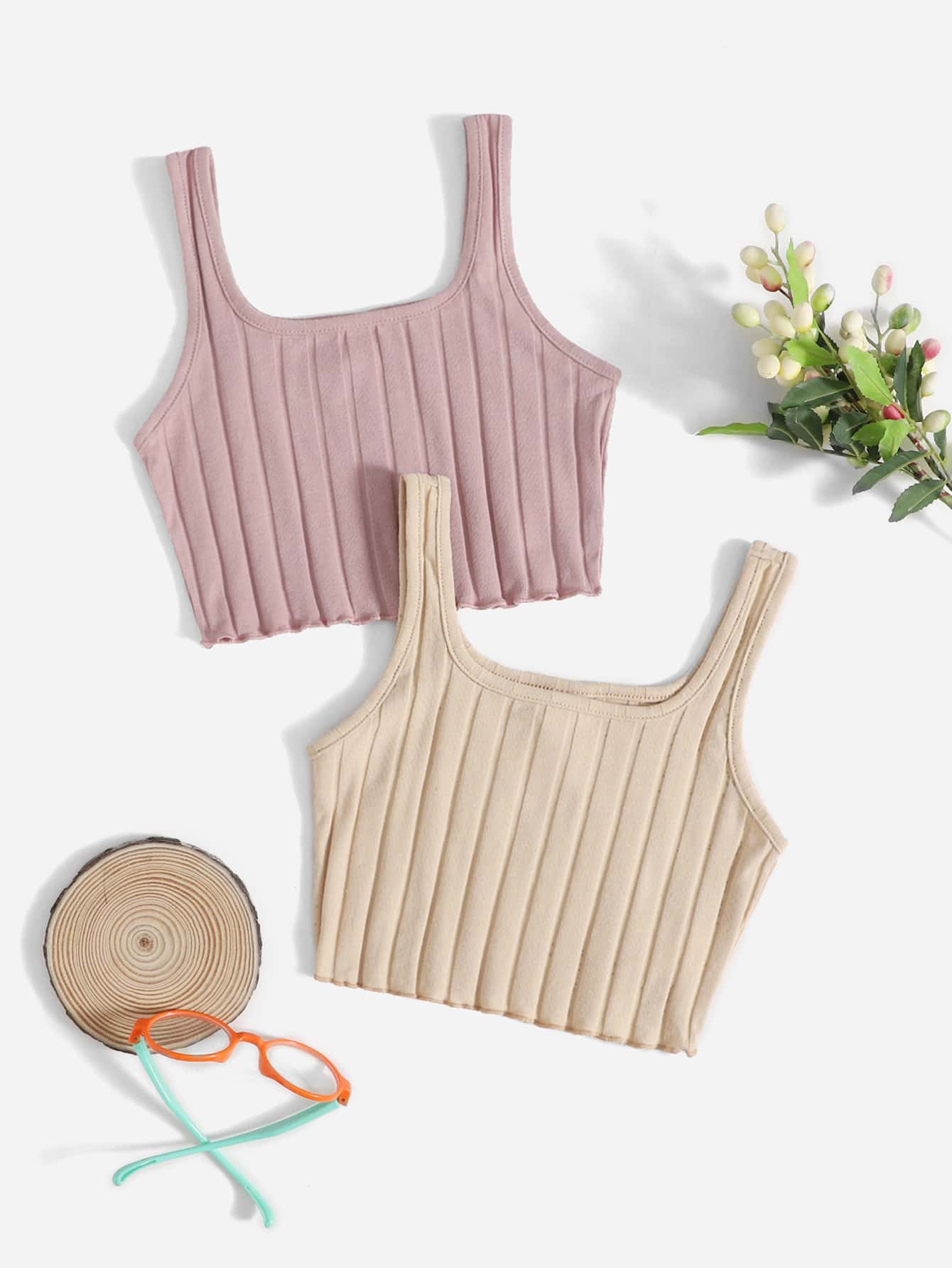 SHEIN 2 paquetes de camisetas de tirantes de punto acanalado para niñas preadolescentes - Multicolor - Ver 1