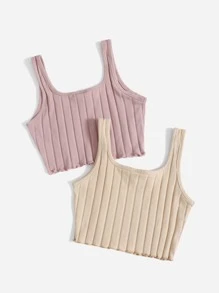 SHEIN 2 paquetes de camisetas de tirantes de punto acanalado para niñas preadolescentes - Multicolor - Ver 2