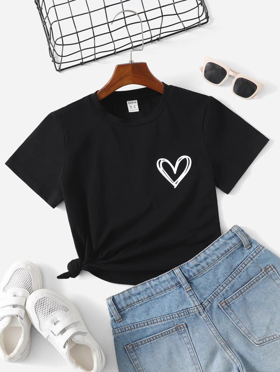 SHEIN Tween Girl Summer Casual Solid Color Short Sleeve T-Shirt With Heart Shape Pattern - Black - View 1