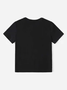 SHEIN Tween Girl Summer Casual Solid Color Short Sleeve T-Shirt With Heart Shape Pattern - Black - View 2