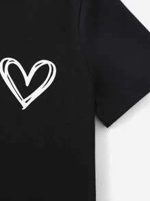 SHEIN Tween Girl Summer Casual Solid Color Short Sleeve T-Shirt With Heart Shape Pattern - Black - View 4