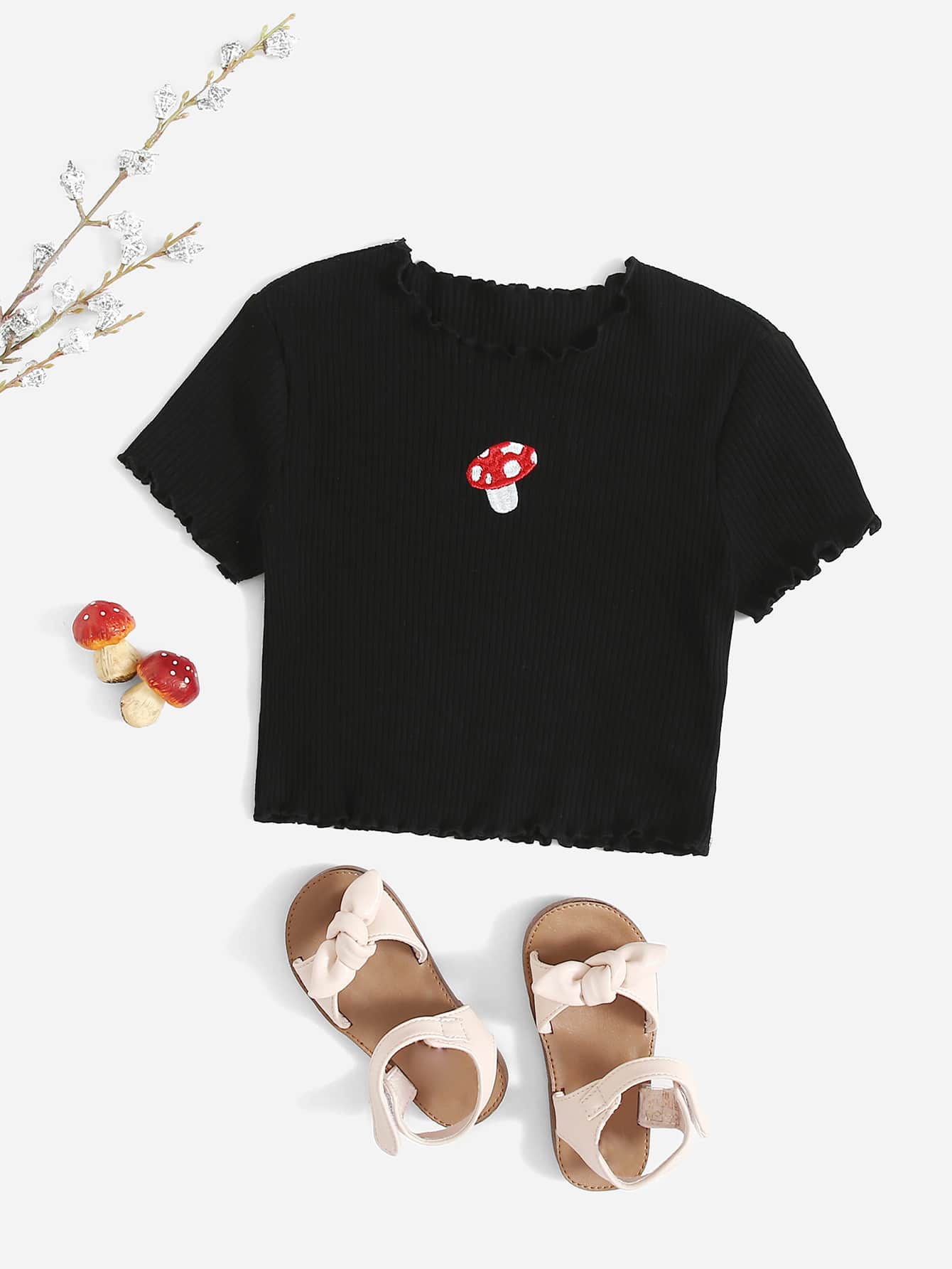 SHEIN Camiseta tejida de canalé con bordado de seta - Negro - Ver 1