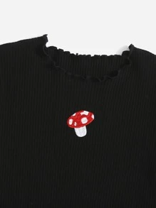 SHEIN Camiseta tejida de canalé con bordado de seta - Negro - Ver 3