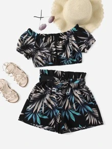 SHEIN 女孩露肩褶邊熱帶圖案上衣和紙袋型短褲套裝 - 彩色 - 查看 1