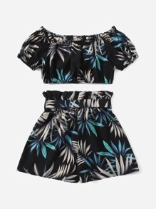 SHEIN 女孩露肩褶邊熱帶圖案上衣和紙袋型短褲套裝 - 彩色 - 查看 2