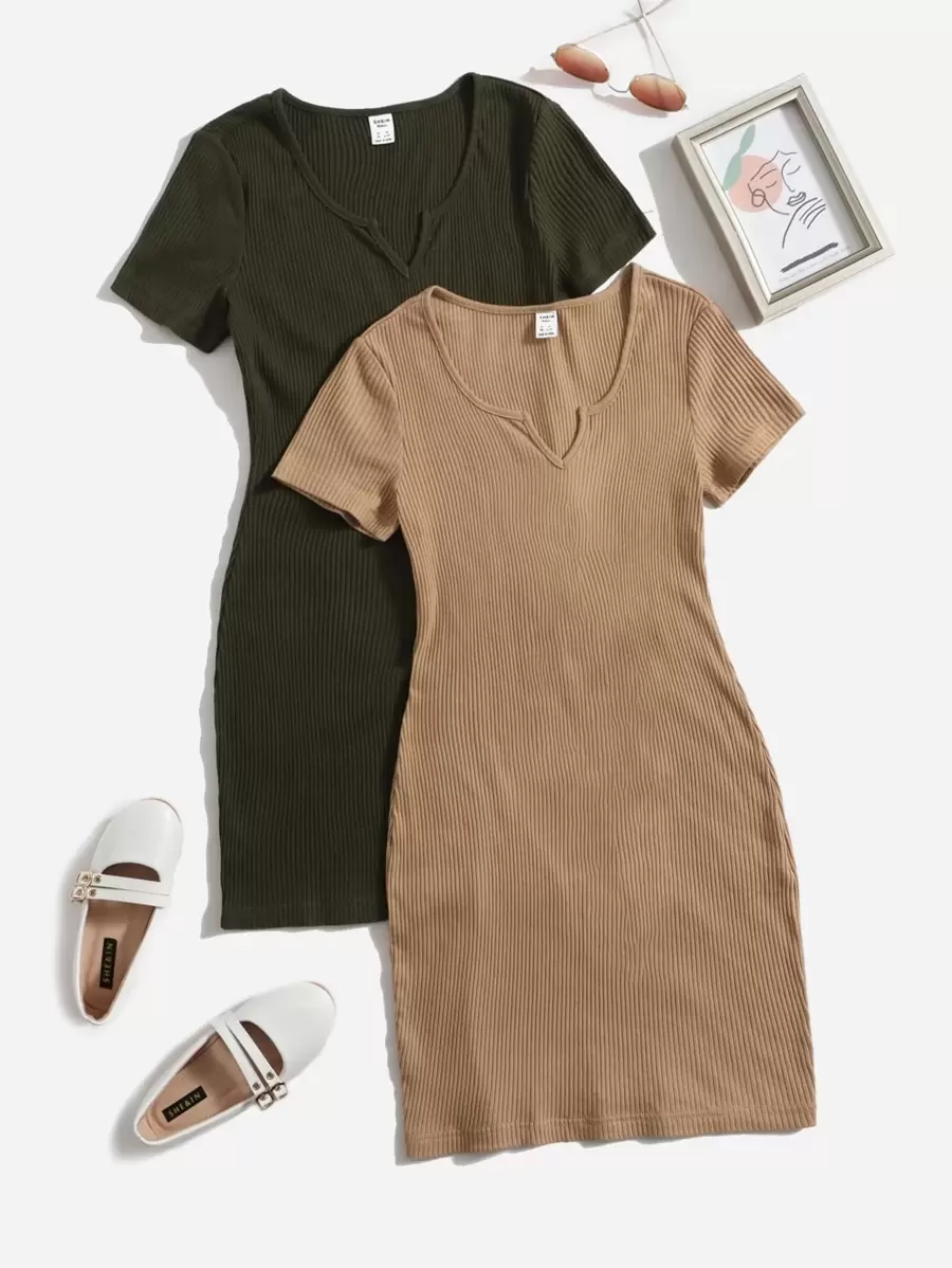 SHEIN Chicas adolescentes 2 piezas Vestido de cuello de muesca tejido de canalé - Multicolor - Ver 1