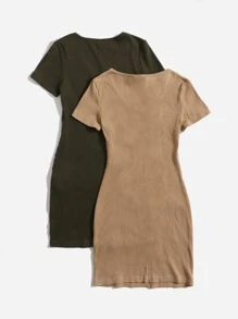 SHEIN Chicas adolescentes 2 piezas Vestido de cuello de muesca tejido de canalé - Multicolor - Ver 2