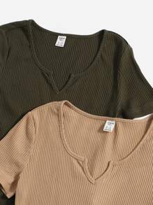 SHEIN Chicas adolescentes 2 piezas Vestido de cuello de muesca tejido de canalé - Multicolor - Ver 3