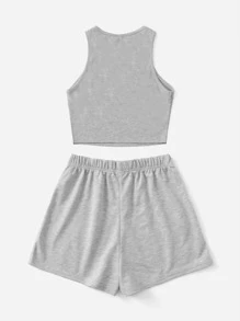 Teen Girls Letter Graphic Tank Top & Shorts Set - Light Grey - View 2
