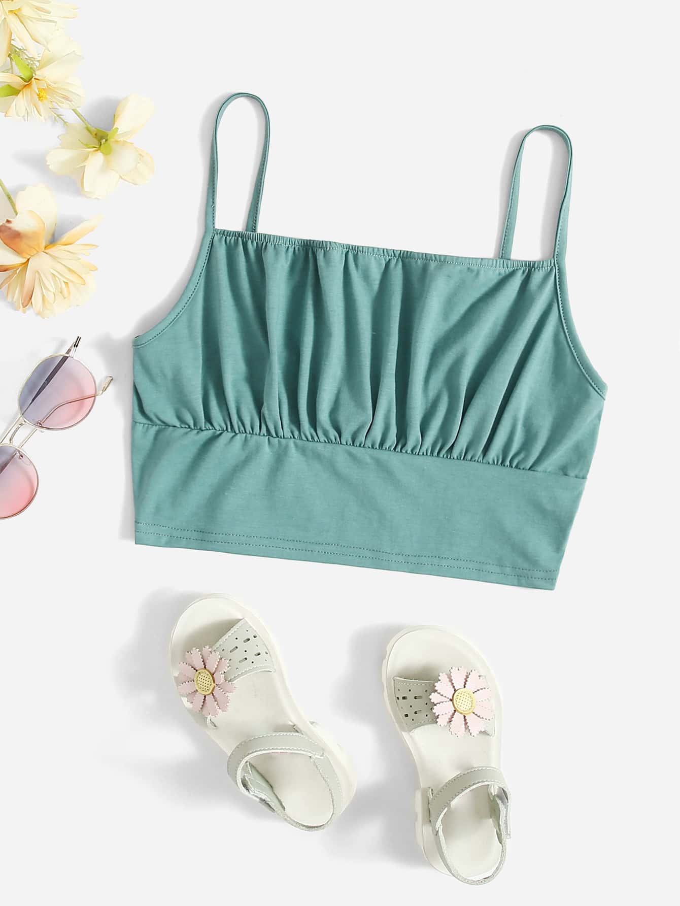 SHEIN Chicas adolescentes Top de tirantes unicolor pecho con fruncido - Azul Cadete - Ver 1