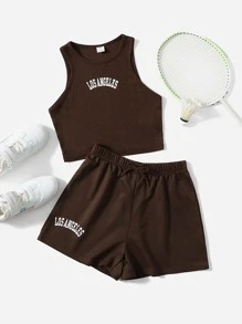 SHEIN Teen Girls Letter Graphic Tank Top & Shorts Set - Chocolate Brown - View 1
