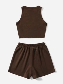 SHEIN Teen Girls Letter Graphic Tank Top & Shorts Set - Chocolate Brown - View 2