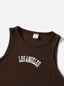 SHEIN Teen Girls Letter Graphic Tank Top & Shorts Set - Chocolate Brown - View 3