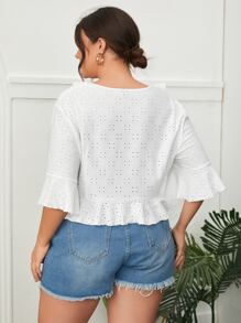 SHEIN VCAY 大碼荷葉袖荷葉邊網眼刺繡上衣 - 白色 - 查看 5