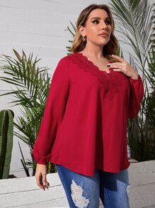 SHEIN LUNE Plus Guipure Lace Appliques Blouse - Burgundy - View 5