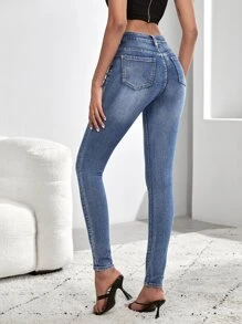 SHEIN Tall 高腰緊身牛仔褲 - 淺色水洗藍 - 查看 2