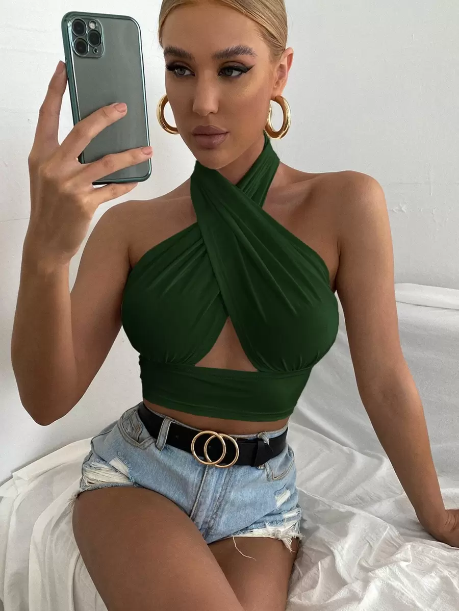 SHEIN BAE Solid Cross Crop Halter Top - Dark Green - View 1