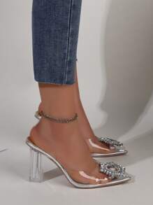 水鑽裝飾粗跟露跟高跟鞋 - 銀色 - 查看 3