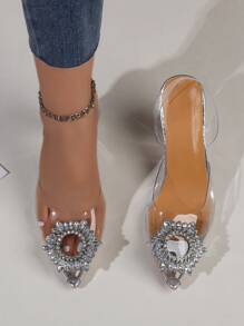 水鑽裝飾粗跟露跟高跟鞋 - 銀色 - 查看 4