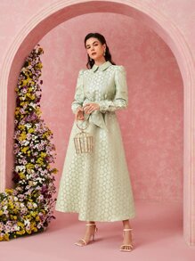 Modelyn Allover Jacquard Pattern Puff Sleeve Belted Dress - Lime Green - View 1