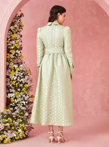 Modelyn Allover Jacquard Pattern Puff Sleeve Belted Dress - Lime Green - View 2