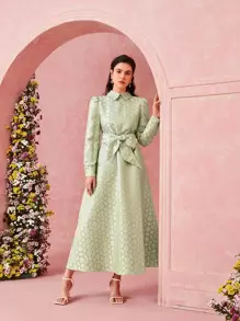 Modelyn Allover Jacquard Pattern Puff Sleeve Belted Dress - Lime Green - View 6