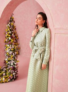 Modelyn Allover Jacquard Pattern Puff Sleeve Belted Dress - Lime Green - View 7