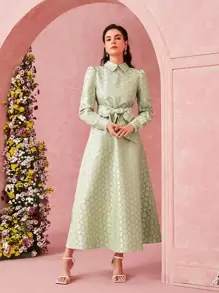 Modelyn Allover Jacquard Pattern Puff Sleeve Belted Dress - Lime Green - View 8