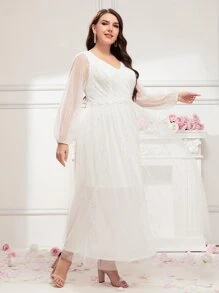 SHEIN Belle Plus Solid V-neck Appliques Mesh Wedding Dress - White - View 4