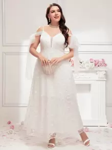 SHEIN Belle Plus Cold Shoulder Knot Detail Mesh Wedding Dress - White - View 1