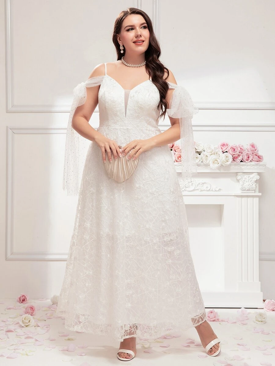 SHEIN Belle Plus Cold Shoulder Knot Detail Mesh Wedding Dress - White - View 1