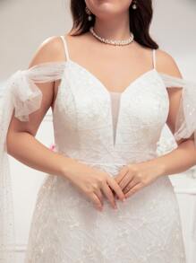 SHEIN Belle Plus Cold Shoulder Knot Detail Mesh Wedding Dress - White - View 3