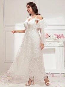 SHEIN Belle Plus Cold Shoulder Knot Detail Mesh Wedding Dress - White - View 4