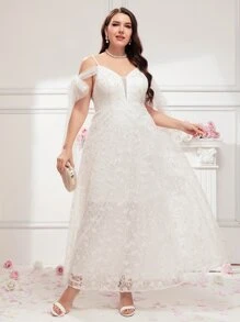 SHEIN Belle Plus Cold Shoulder Knot Detail Mesh Wedding Dress - White - View 5