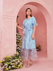 Mulvari 花卉圖案荷葉袖腰帶歐根紗阿拉伯洋裝