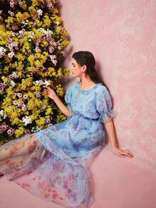 Mulvari 花卉圖案荷葉袖腰帶歐根紗阿拉伯洋裝