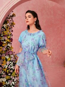 Mulvari 花卉圖案荷葉袖腰帶歐根紗阿拉伯洋裝