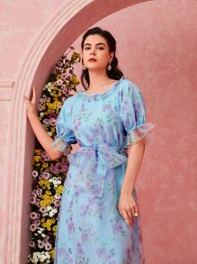 Mulvari 花卉圖案荷葉袖腰帶歐根紗阿拉伯洋裝