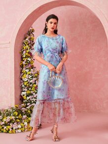 Mulvari 花卉圖案荷葉袖腰帶歐根紗阿拉伯洋裝