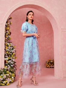 Mulvari 花卉圖案荷葉袖腰帶歐根紗阿拉伯洋裝