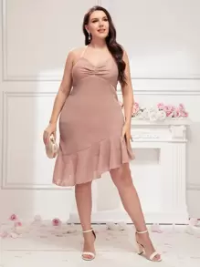 SHEIN Belle Vestido de dama de honor de espalda abierta con cordón fruncido bajo con fruncido halter - Rosa vieja - Ver 3